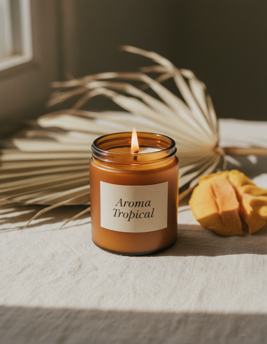 Vela artesanal Aroma Tropical encendida sobre superficie de lino crema con hojas de palma