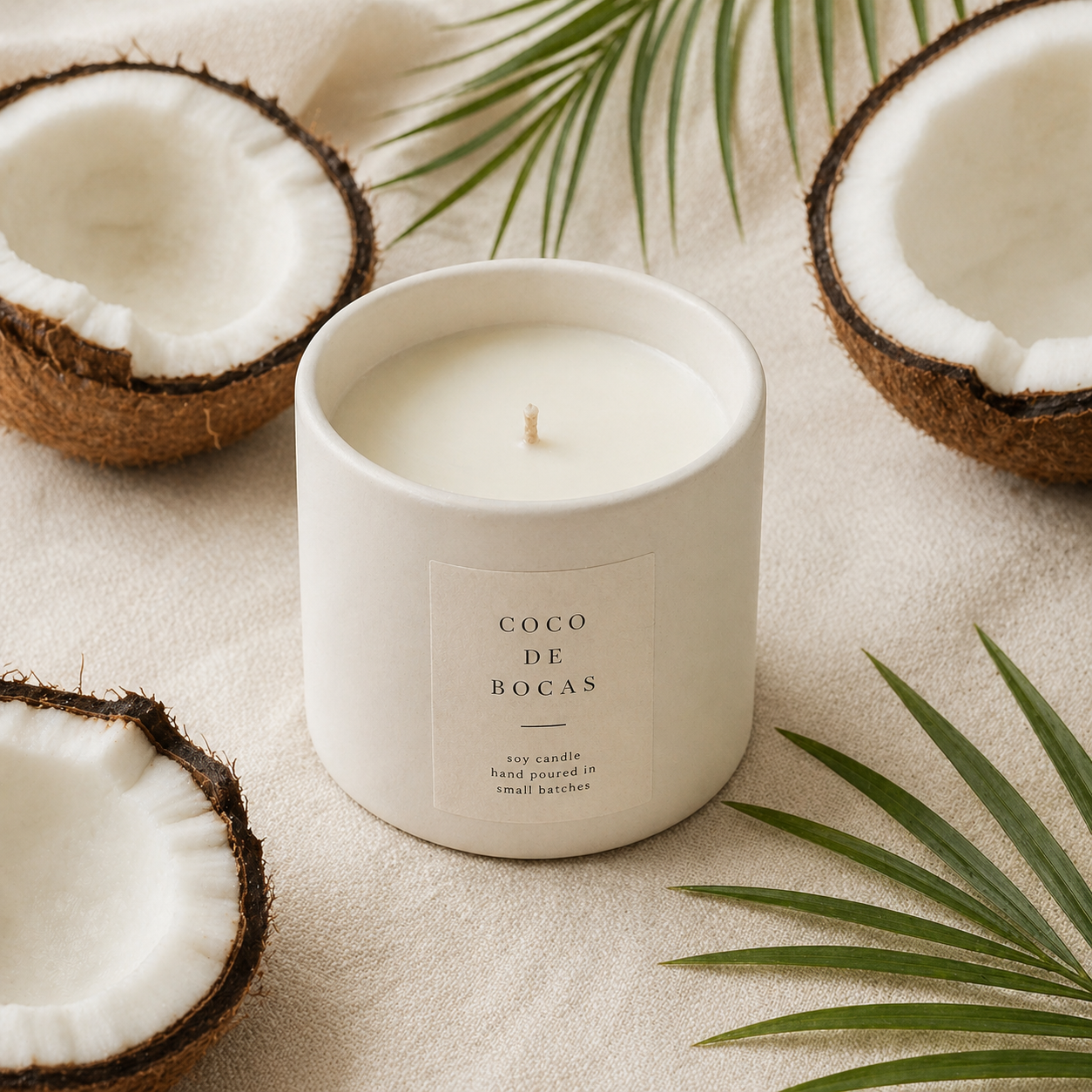 Vela artesanal aroma Coco de Bocas en vasija blanca