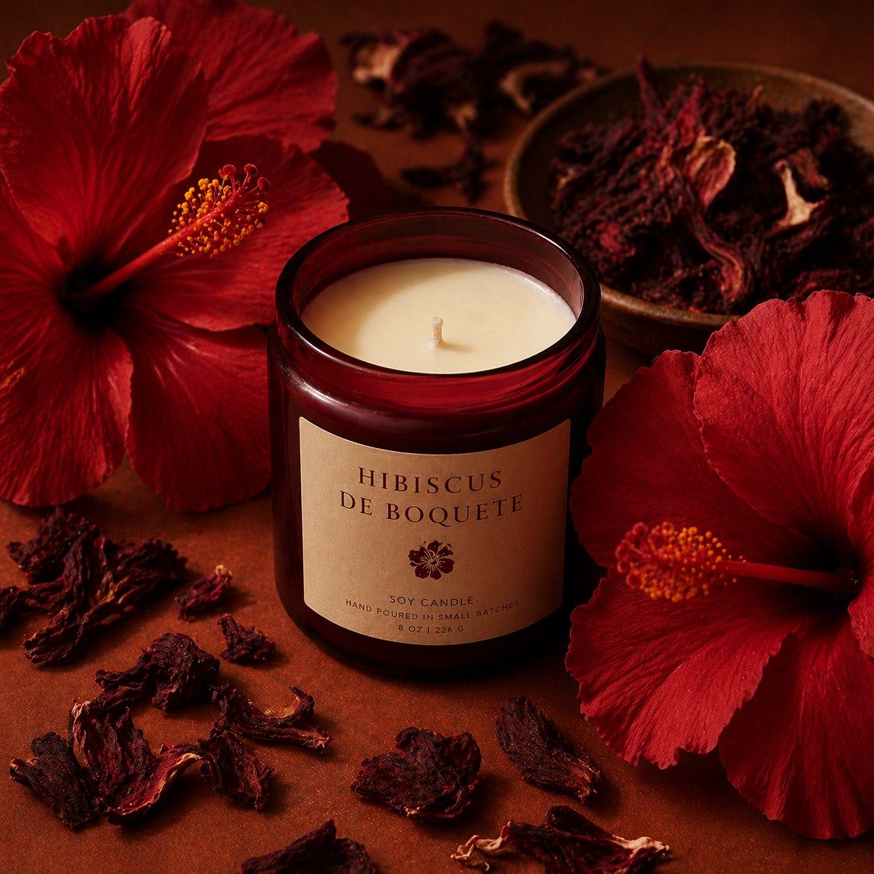 Vela artesanal aroma Hibiscus de Boquete con flores rojas