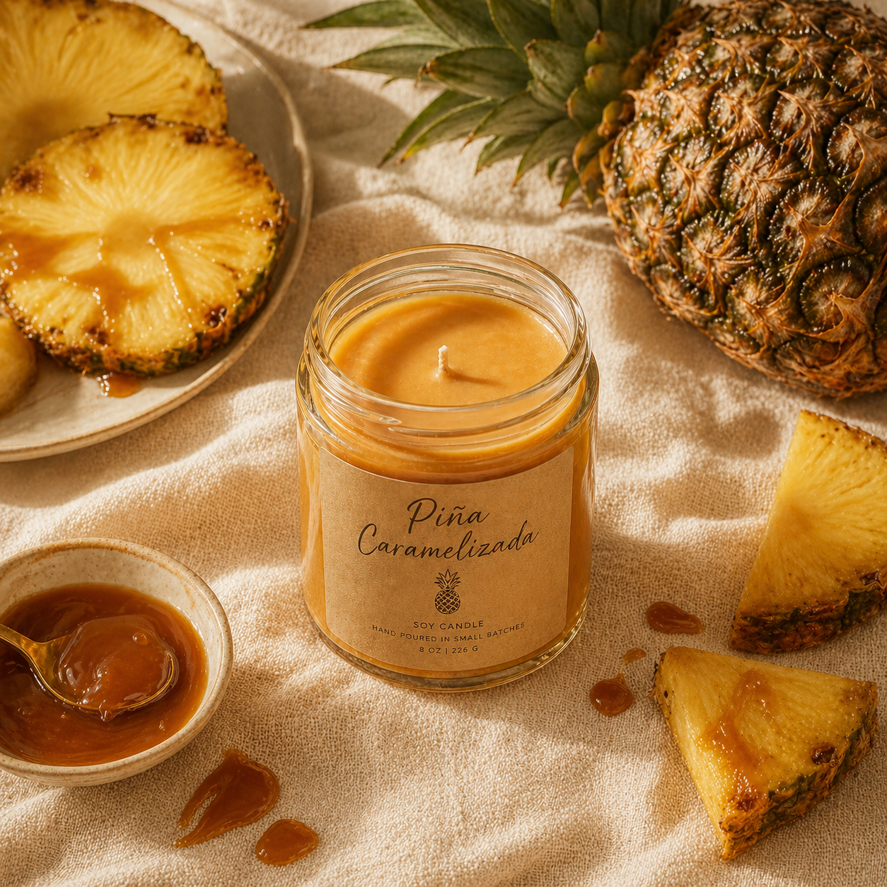 Vela artesanal aroma Piña Caramelizada con tonos dorados