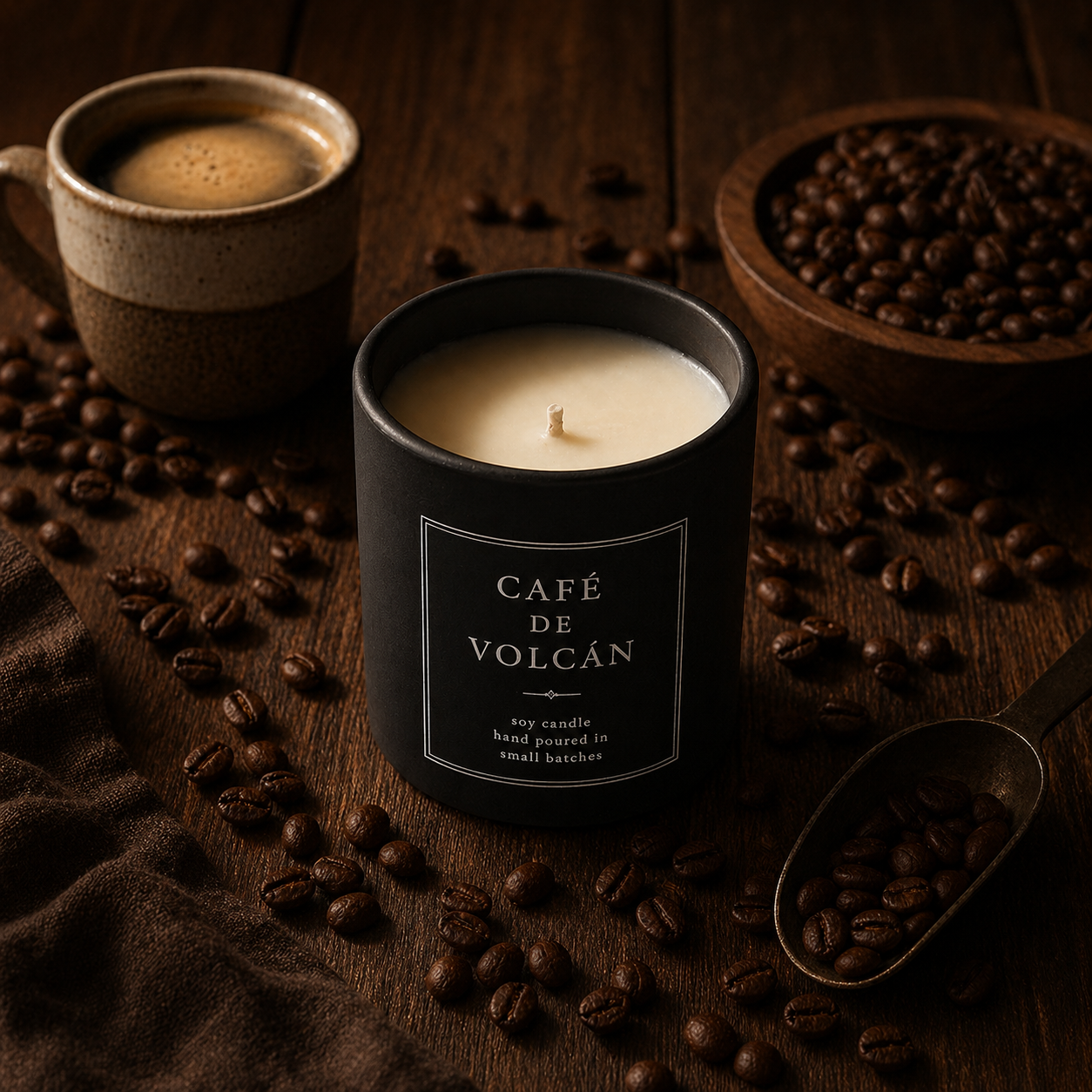 Vela artesanal aroma Café de Volcán en vasija oscura con granos de café