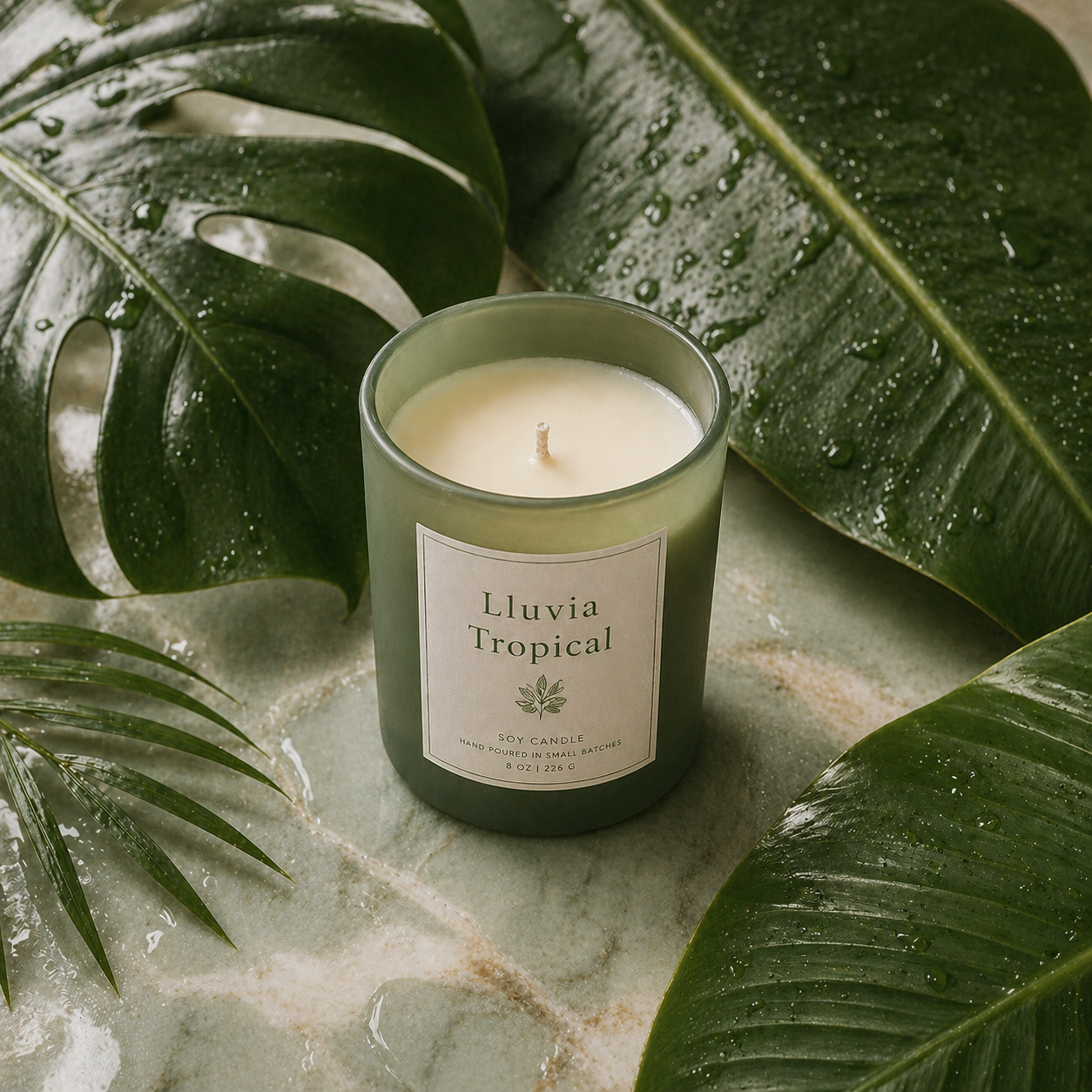 Vela artesanal aroma Lluvia Tropical en frasco verde con hojas tropicales