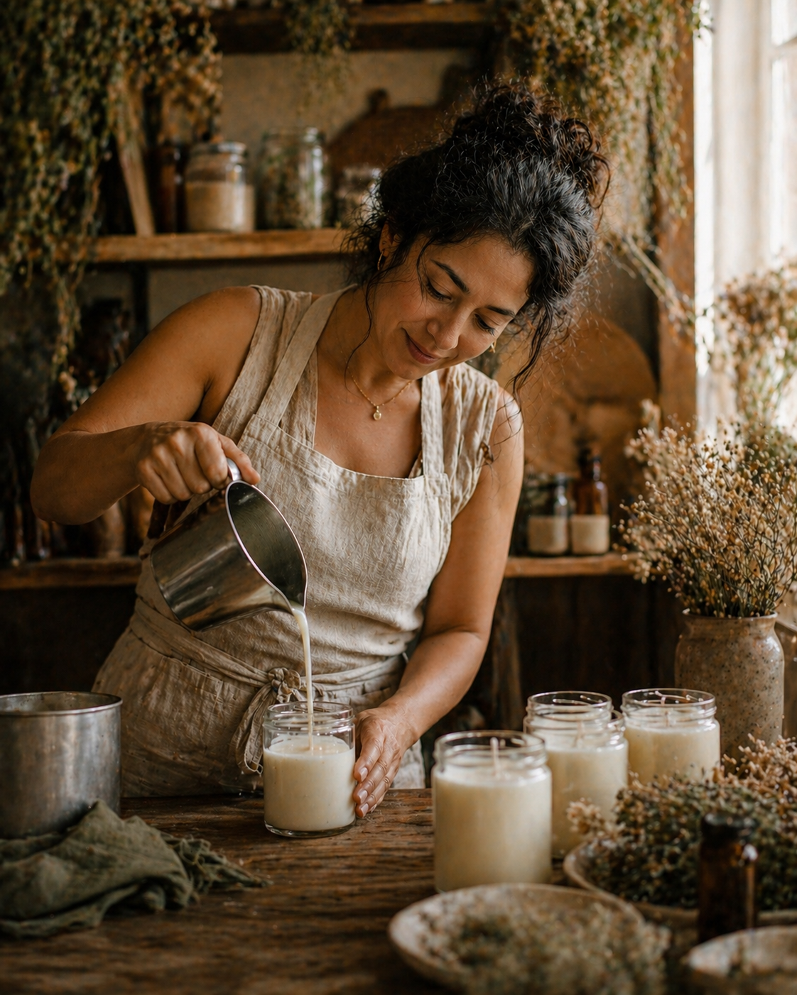 Sofía Mendoza, fundadora de Velas Aroma Tropical, vertiendo cera de soya en su taller artesanal