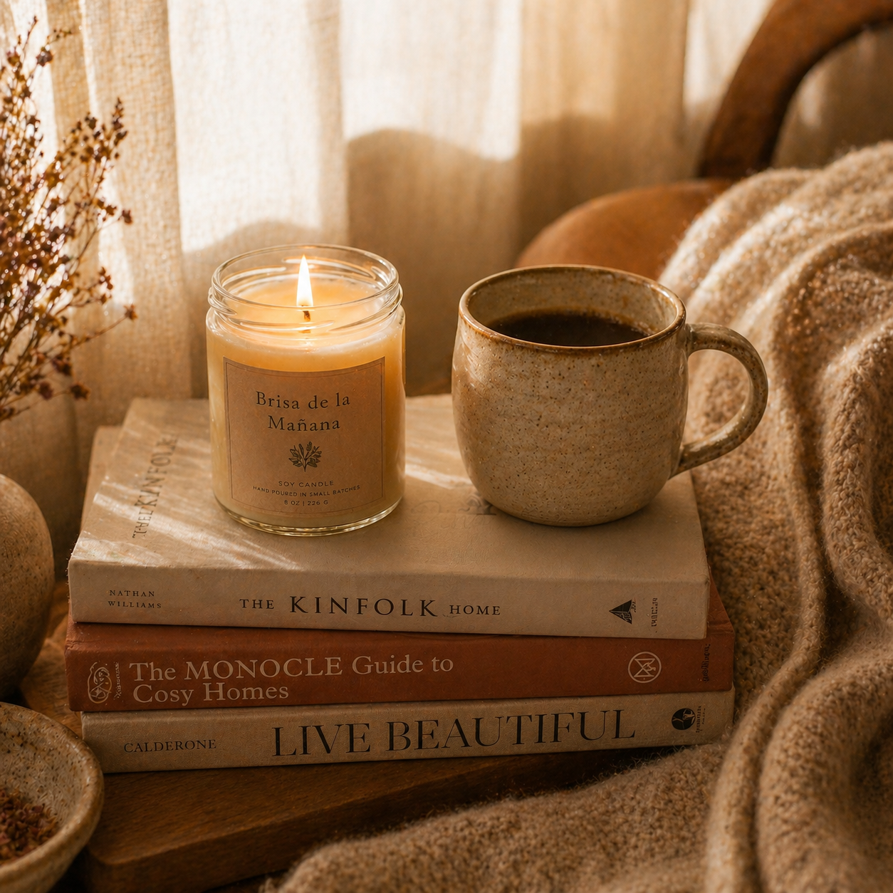 Vela encendida sobre libros junto a taza de café