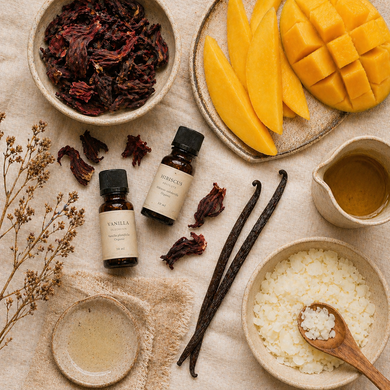 Ingredientes naturales: hibiscus, vainilla y aceites esenciales
