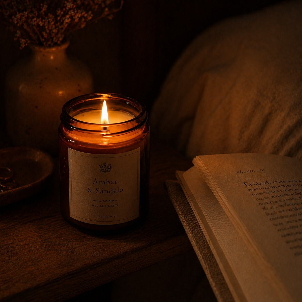 Vela encendida en mesita de noche junto a un libro